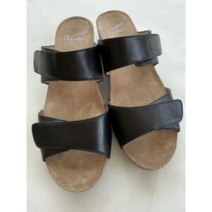 Dansko Womens Vienna Sandal Size 37 6.5‎ Black Leather Low Wedge Mule Adjustable